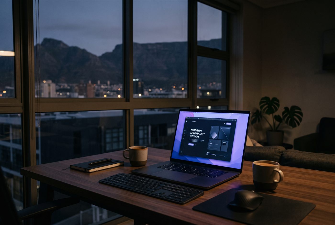 A laptop showing a dark-mode website design in a Cape Town workspace at dusk