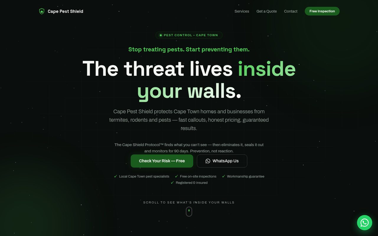 Cape Pest Shield website, pest control in Cape Town